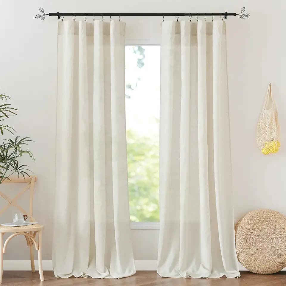 RYB HOME Sheer Linen Curtains Beige 84 inch Length 2 Panels - Semi Transparent Light Filtering Farmhouse Window Treatment Drapes for Living Room, Bedroom, Office, Nursery, W 52" x L 84"