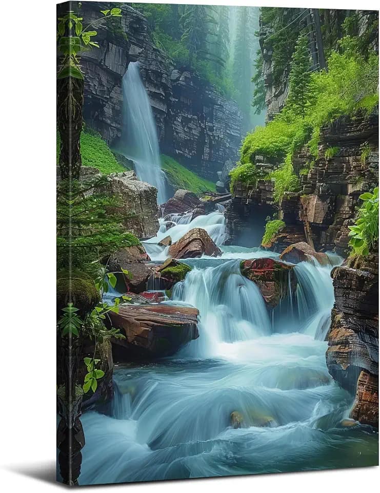 Nature Waterfall Landscape Wall Art Zen Wall Decor for Living Room Mountain Forest Pictures Glacier Virginia Falls Canvas Paintings Modern Scenic Poster Prints Artwork Home Bathroom Decorations 16x24”