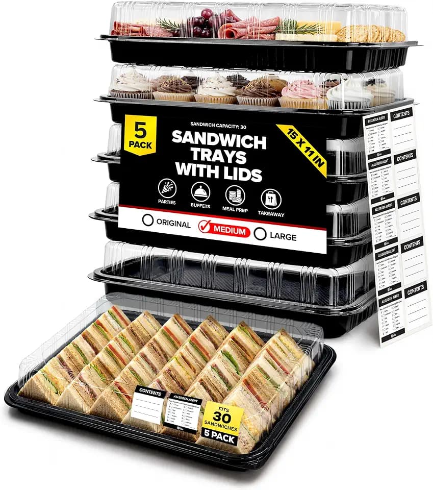 5 Pack Catering Trays with Lids – 15" Serving Tray with Lid, Heavy Duty Recyclable Plastic Party Platters for Catering, Buffet, Picnics & Events – Food Trays with Clear Lid (15.35 × 11.42 × 2.95 inch)