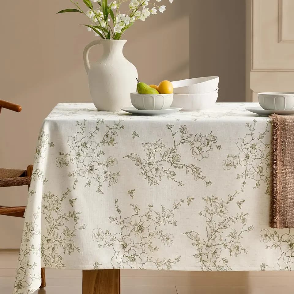 Green Table Cloth Square 55x55 Inch Floral Linen Tablecloth with Flowers