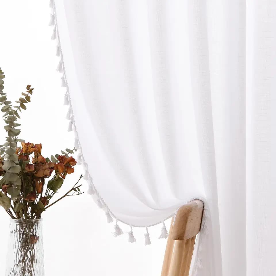 White Linen Curtains 96 Inches Long 2 Panels Cream Boho Semi Sheer Curtains Tassel Back Tab Light Filtering Neutral Farmhouse Bohemian Drapes for Living Room Bedroom 38x96