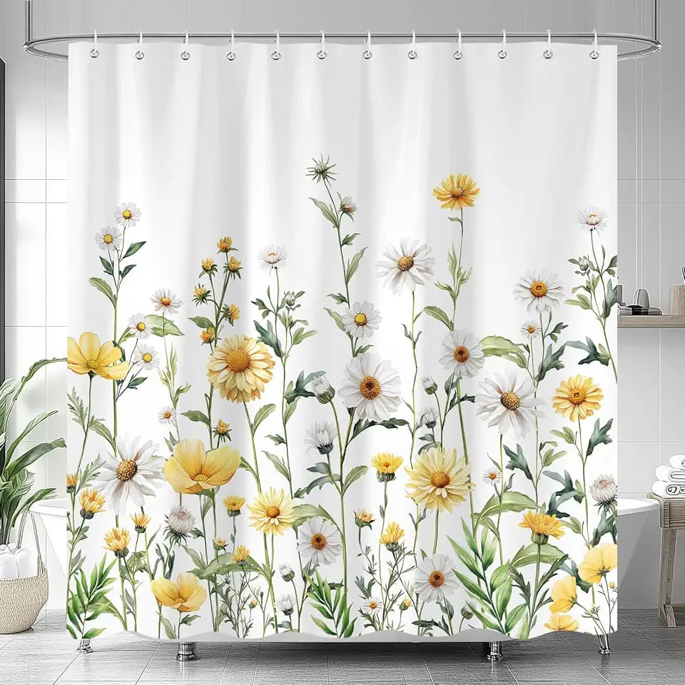 Yellow Floral Shower Curtain,Boho Retro Watercolor Blooming Daisy Botanical Bathroom for Shower Curtains, Natural Green Wildflower Decorative Shower Curtain Set Waterproof Fabric 12 Hooks 72X72IN