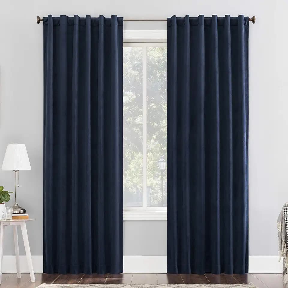 Sun Zero Hampshire Velvet Noise Reducing Thermal Extreme 100% Total Blackout Back Tab/Rod Pocket Curtain Panel, Navy Blue, 50"W x 84"L (1 Panel)