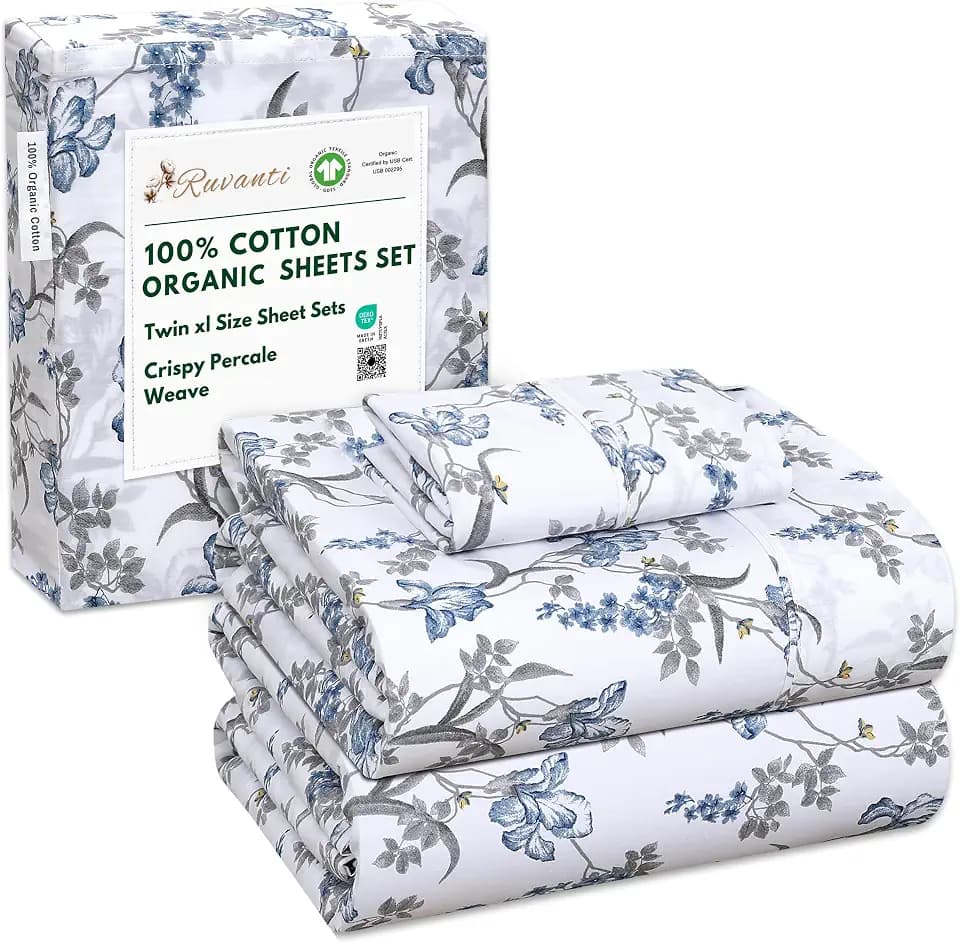 RUVANTI 100% Cotton Organic Twin XL Sheets, Percale Weave, Deluxe