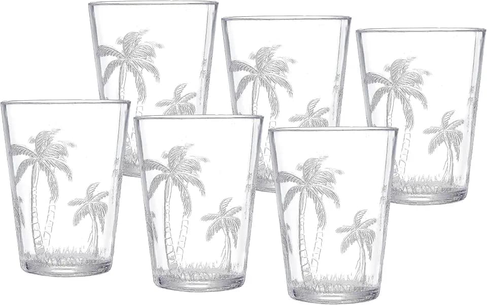 KLIFA- HOLIDAY- 16.2 ounce, Set of 6, Plastic Palm Tree Drinking Glasses, Shatter-proof Tumblers, BPA-Free, Stackable Acrylic Drinkware, Dishwasher Safe Cups, Clear