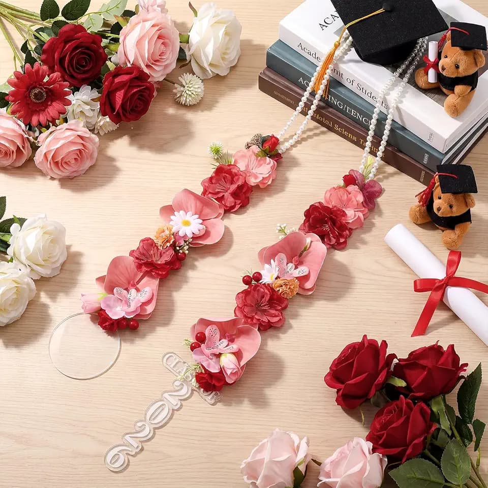 Suncalla Flower Graduation Leis Class of 2026 Grad Red Hawaiian Lei Necklace Ribbon Garland Tropical Artificial Flower Sash for Summer School Ceremony Night Party Gift Photo Prop, 43.31 Inches