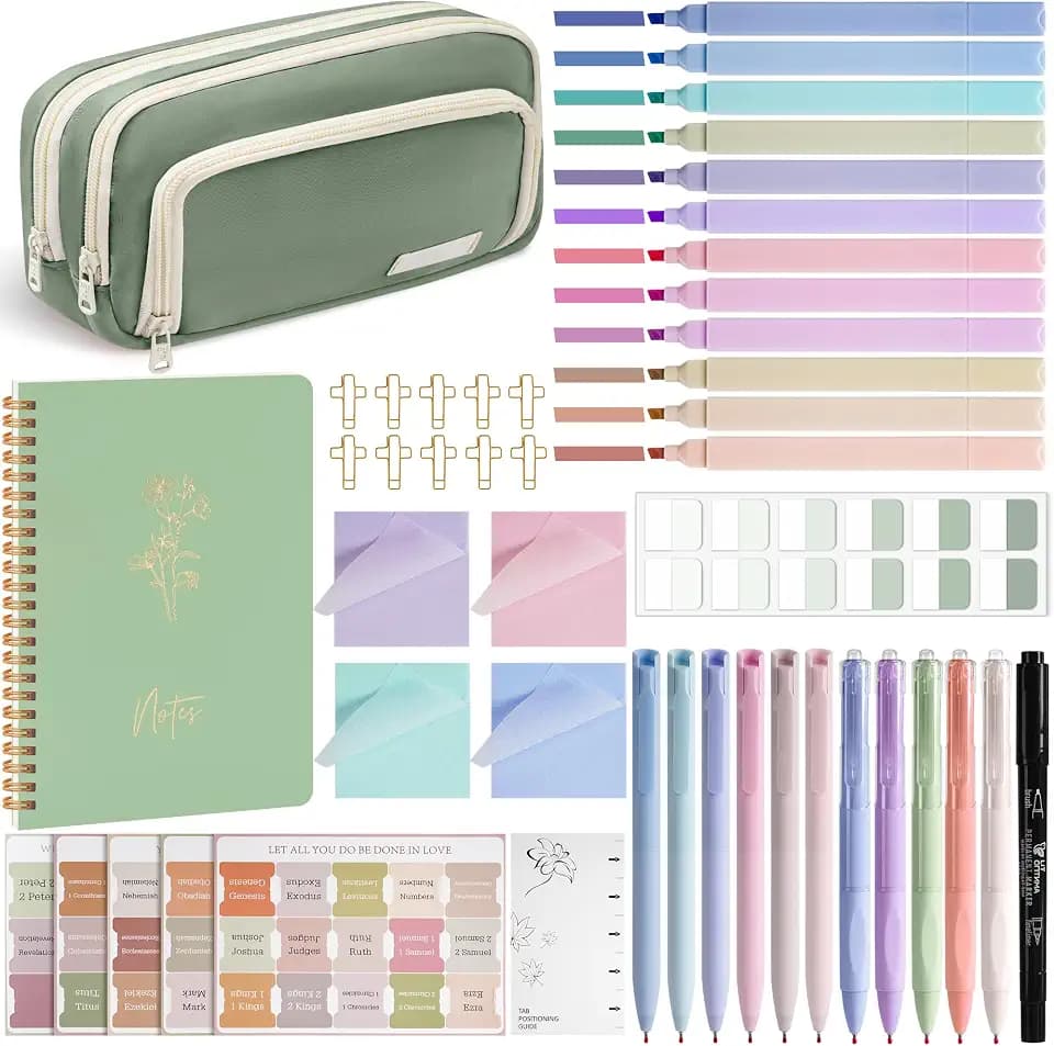 Bible Study Supplies Bible Journaling Kit for Women with Notes and Bible Tabs, Bible Highlighters and Pens No Bleed, Pencil Case Bible Study Kit, Bible Annotation kit Christian Gifts for Women (Green)