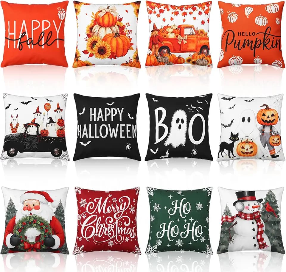 12 Pcs Fall Pillow Covers 18 x 18 Inch Holiday Throw Pillow Covers Pumpkin Cushion Case Pillowcase for Indoor Outdoor Farmhouse