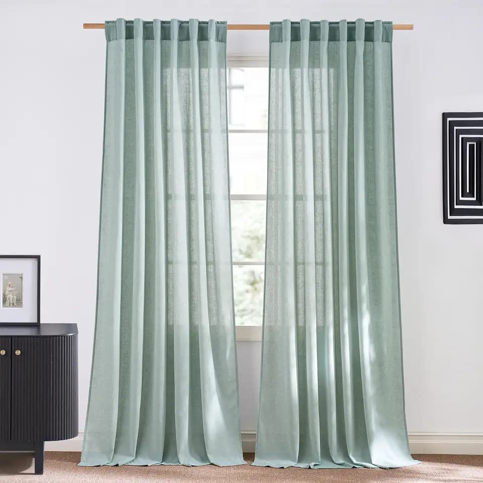 NICETOWN Semi Sheer Sage Green Curtains 84 inch Length, Rod Pocket & Back Tab Light Filtering Semi Sheer Window Treatments Privacy Added Drapes for Living Room, W55 x L84, 2 Panels