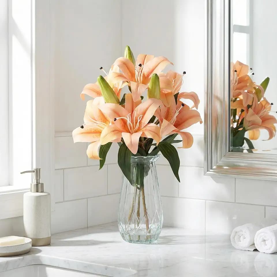 Garvee Faux Lily Flowers with Vase, 6 Heads Full Bloom Lily & 3 Buds, Long Stem Artificial Stargazer Lilies, Faux Tiger Bouquets in Glass Vase for Home Hotel Flower Arrangement Party Decor, Champagne