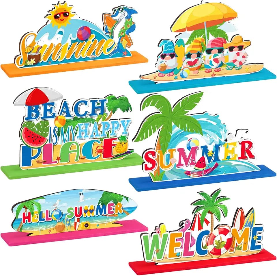 Hoolerry 6 Pcs Hello Summer Table Decoration Sign Wooden Centerpieces Summer Beach Wooden Decor Flamingo Palm Leave Gnomes Table Centerpiece for or Home Kitchen Office Tiered Tray Decor