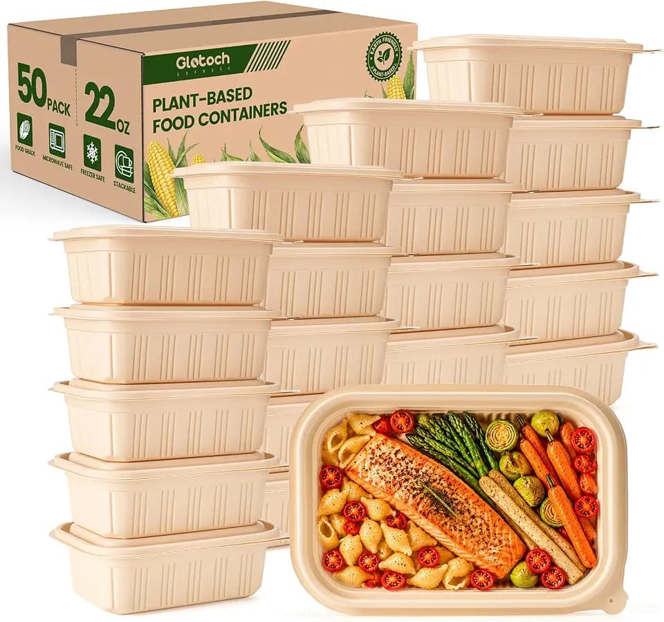 50 Pack (100 Piece) Food Containers with Lids, 22oz Meal Prep Containers Reusable Plant-based Cornstarch Lunch Box BPA Free Small Disposable Take Out Togo Boxes for Salad Microwave & Freezer Safe