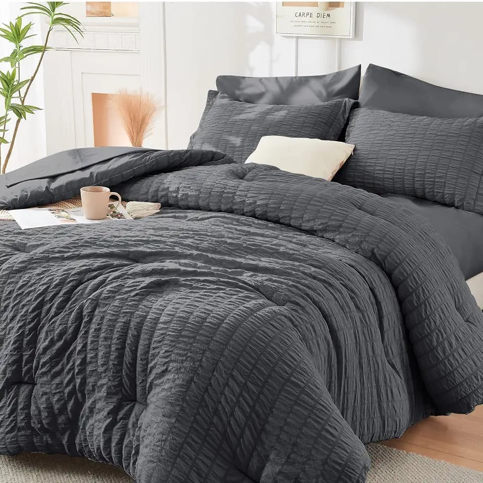 King Comforter Set - 7PCS Bed in a Bag, Seersucker Bedding Set, Dark Grey