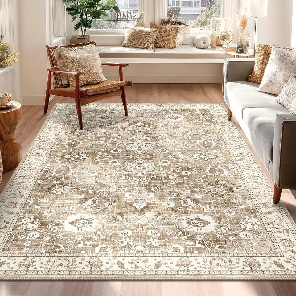 LOKHOM Washable Area Rug, 4x6 Non-Slip Kitchen Area Mat Vintage Living Room Rug with Rubber Backing, Boho Floral Faux Wool Farmhouse Bedroom Area Carpet for Bedroom Kitchen Laundry (Beige Brown)