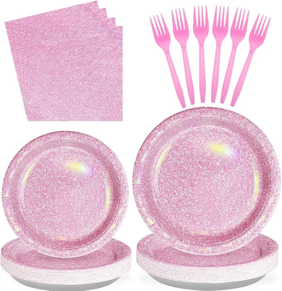 Greencian 96Pcs Pink Pastel Party Supplies Light Pink and White Serves 24