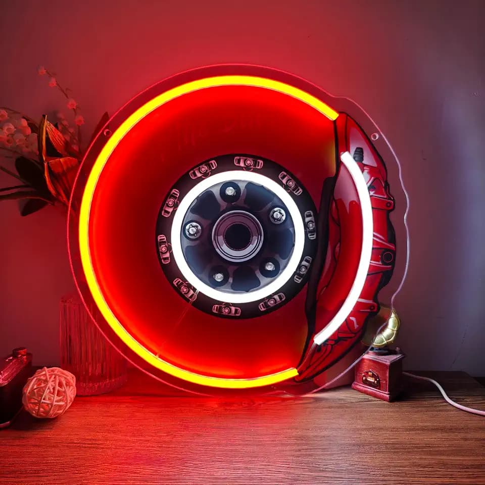 Brake Disc Neon Sign,LED Garage Wall Decor Light for Car Lovers and Racing Fans,Dimmable USB Powered Acrylic Neon Light for Workshop,Bar,Man Cave,Birthday Gifts for Car Fans,13x13.3 inches.