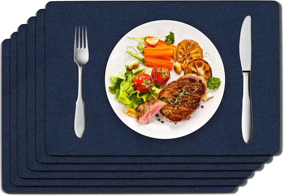 DOLOPL Placemats Set of 6, Reversible Faux Leather Place Mats, Navy Blue