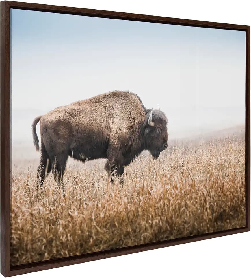 Kate and Laurel Sylvie American Bison Buffalo in Prairie Grass Framed Canvas Wall Art, 31.5 x 41.5 Brown, Prairie Animal Wall Art Decor