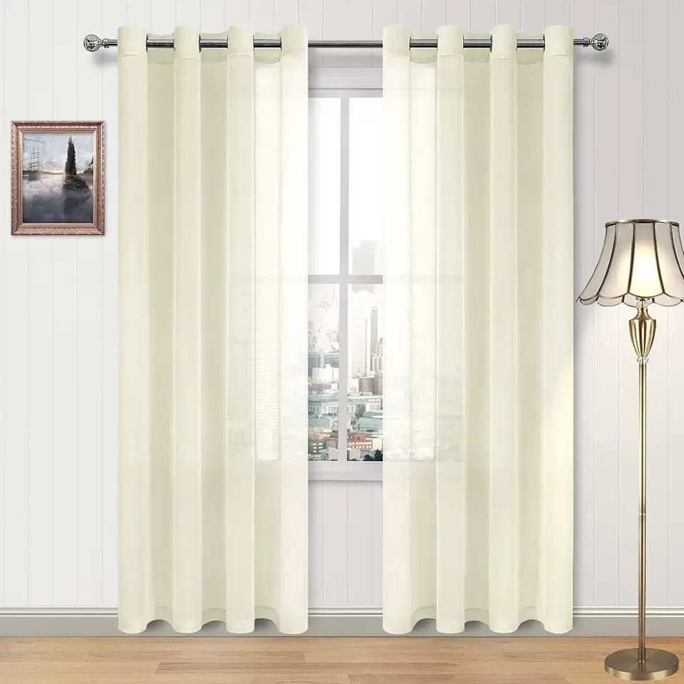DWCN Ivory Sheer Curtains Linen Look Semi Transparent Voile Grommet Curtains for Living Room Bedroom Drapes 52 x 84 inches Long, Set of 2 Panels