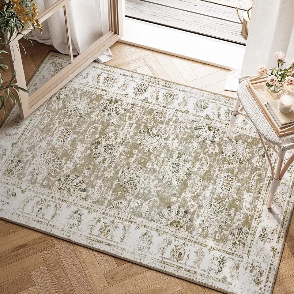 jinchan 2x3 Vintage Floral Area Rug, Washable Entryway Rug, Taupe