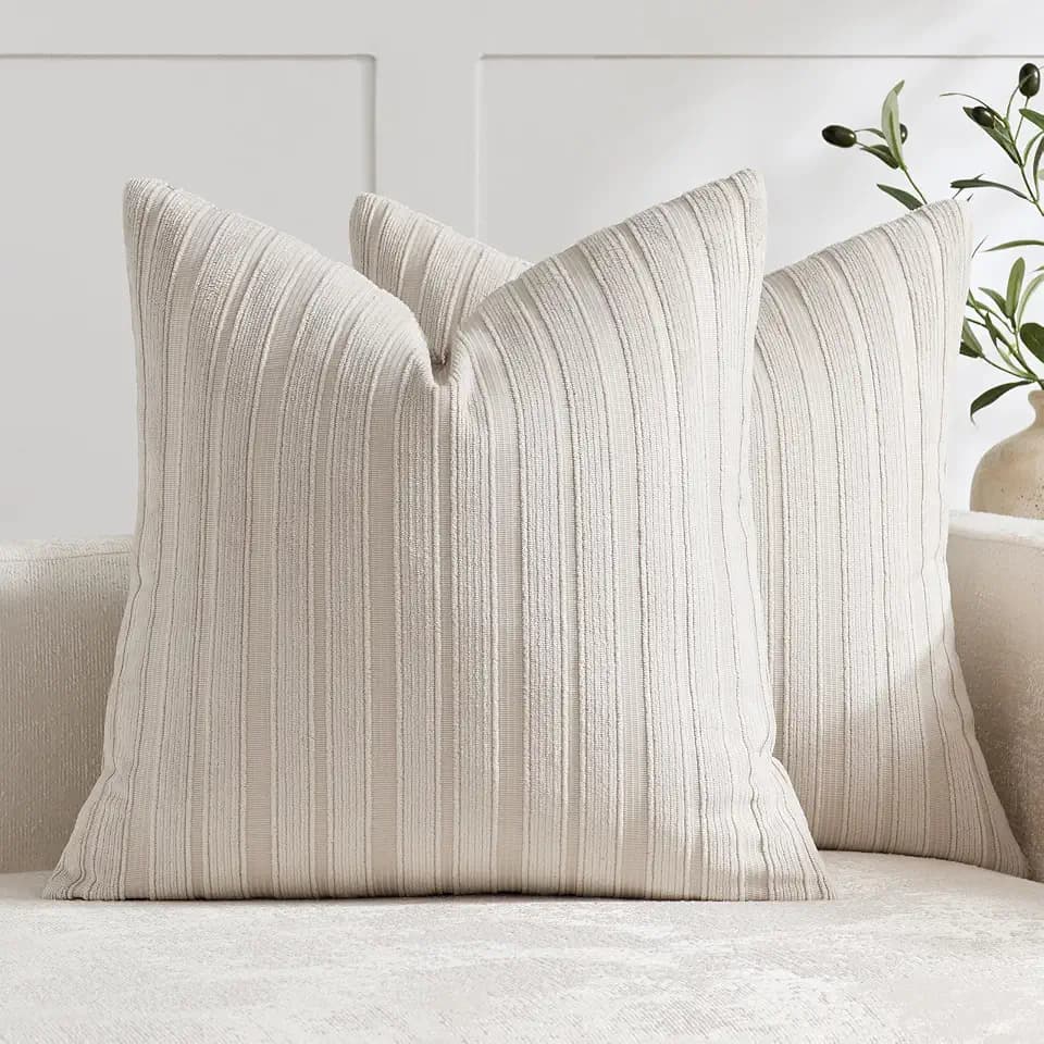 DEZENE 20x20 Beige Throw Pillow Covers Pack of 2 Soft Striped Corduroy Square Neutral Pillow Cases for Couch Sofa Bedroom Living Room Home Decor