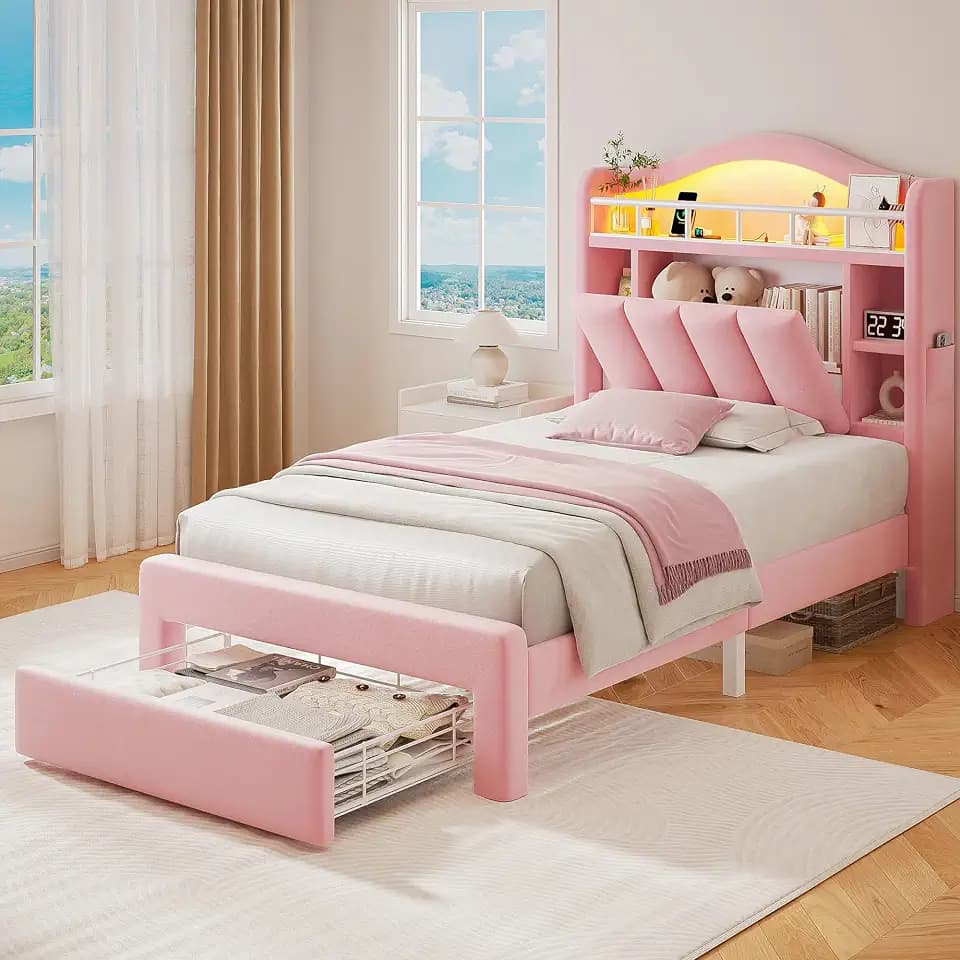 Kids LED Bed Frame with Storage Headboard & 2 Storage Drawers (Twin&Pink)
