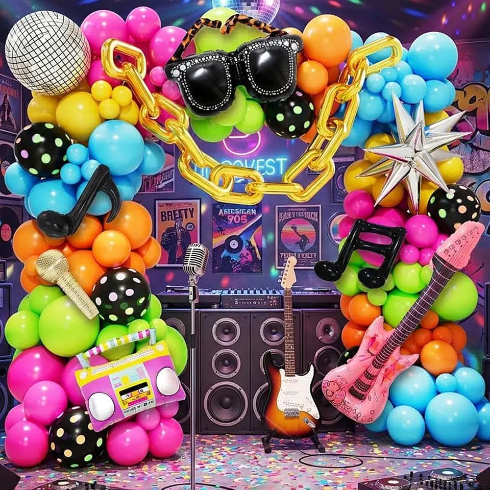 90s 80s Disco Theme Party Decorations, 151Pcs Balloon Arch Kit with Disco Ball, Retro Glasses, Musical Note, Guitar & Star Foil Balloons for Back to 80s 90s disco Birthday party