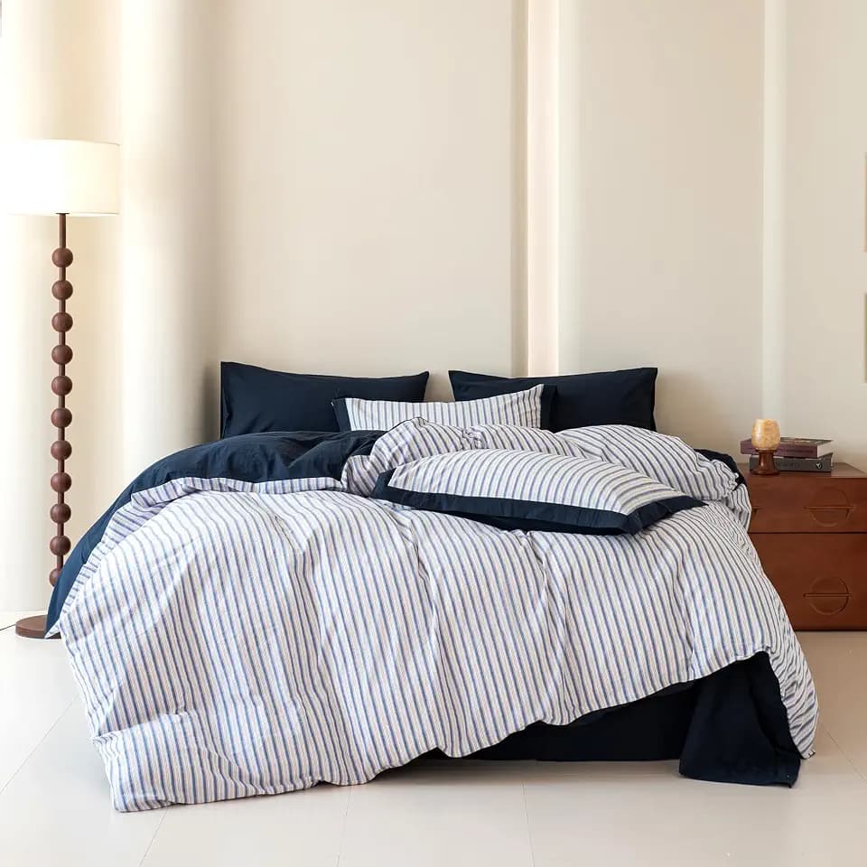SUSYBAO Blue Striped Duvet Cover King 100% Washed Cotton 3 Pcs Set 1 Denim Pinstripe Duvet Cover with Zipper Ties 2 Pillow Shams Retro Navy Blue Vertical Stripes Pattern Bedding Set Soft