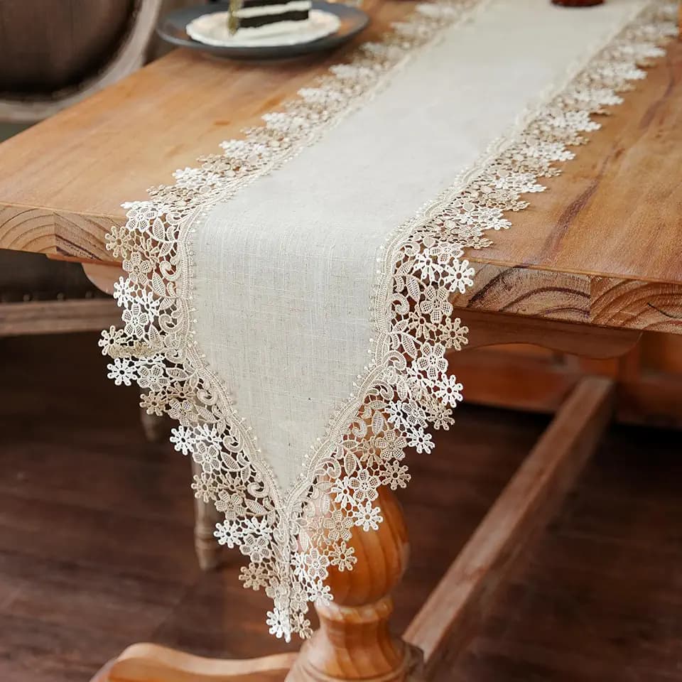 ARTABLE Lace Table Runner Stone Natural Linen Macrame Decor 14 x 108 Inch