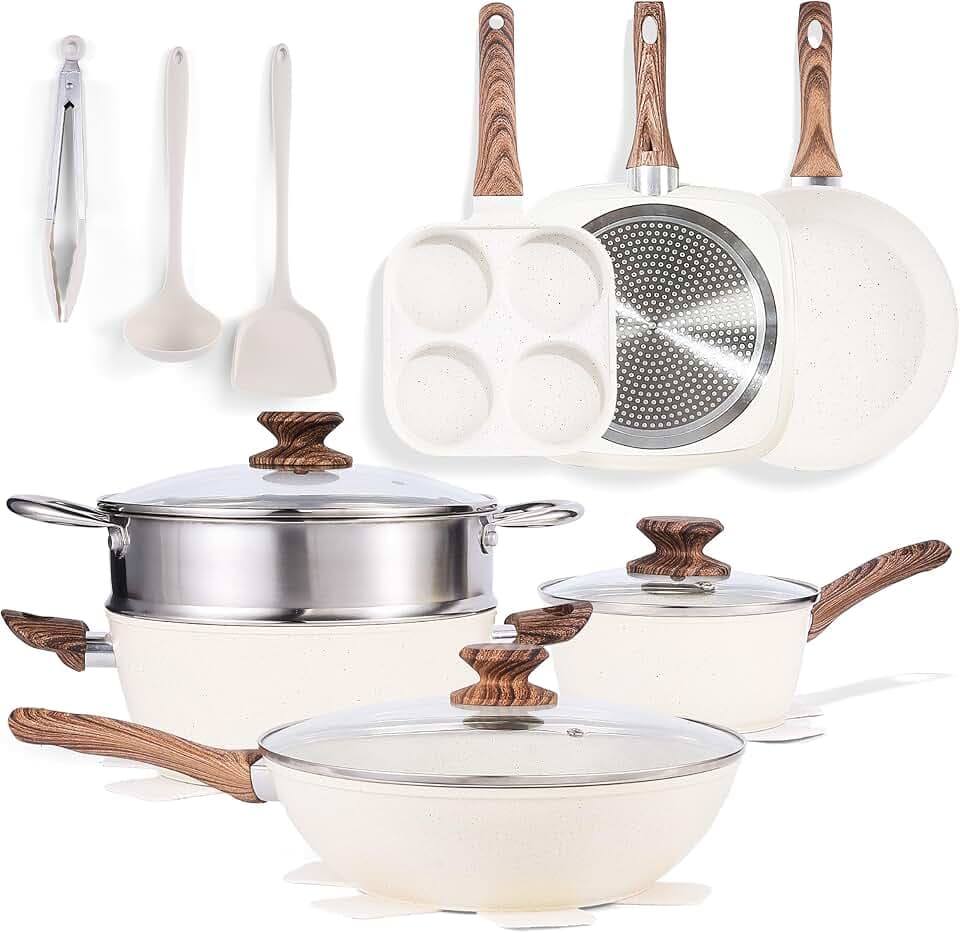 Simple Deluxe 17Pcs Ceramic Cookware Set, Nonstick & Non-Toxic Healthy Pots and Pans, Heat-Resistant Handles, Induction Cookware Sets with Frying Pans, Beige