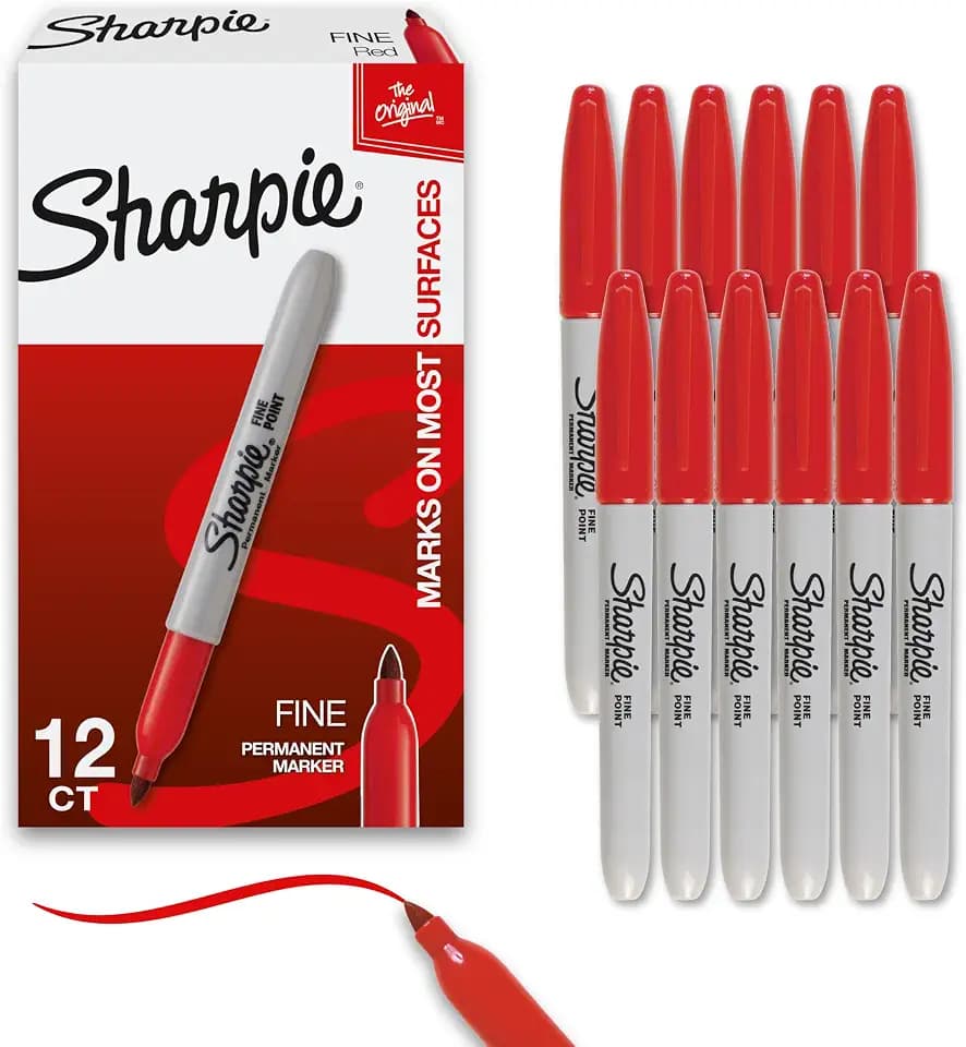 Sharpie Permanent Markers, Fine Tip, Red, 12 Count - Office Supplies, Quick Drying, Fade Resistant, For Plastic, Metal, Wood, And More