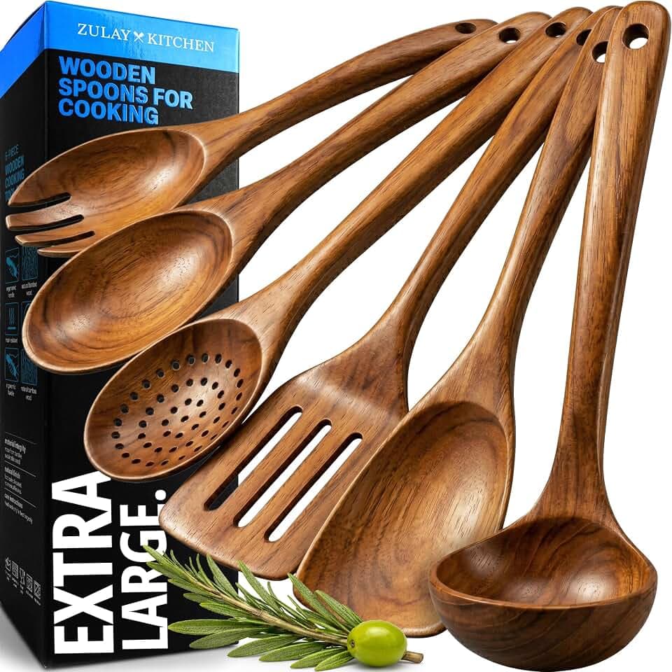Zulay Kitchen Extra-Large 6-Piece Wooden Spoon Set - Smooth Teak Cooking Utensils - Comfort-Grip Non-Stick Turner, Spatula, Skimmer, Fork, Serving Spoon