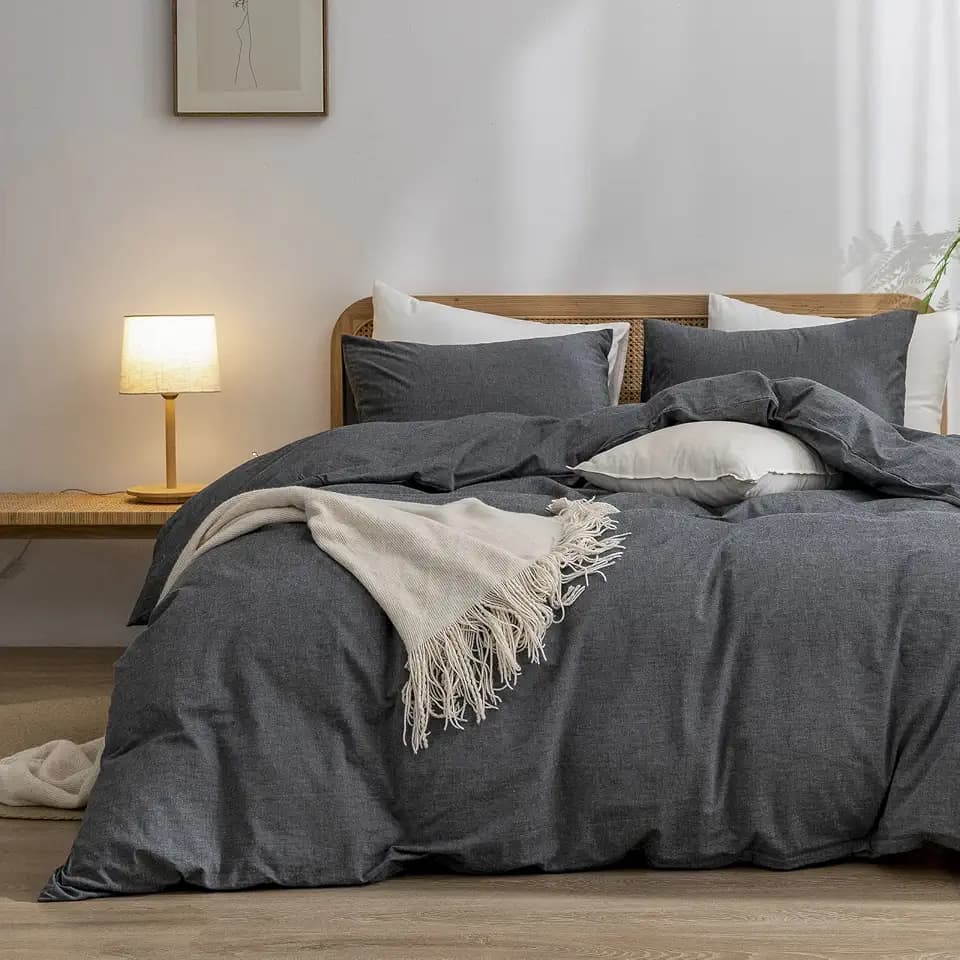 BESTOUCH Cotton Solid Duvet Cover Set Linen Feel Dark Black Queen