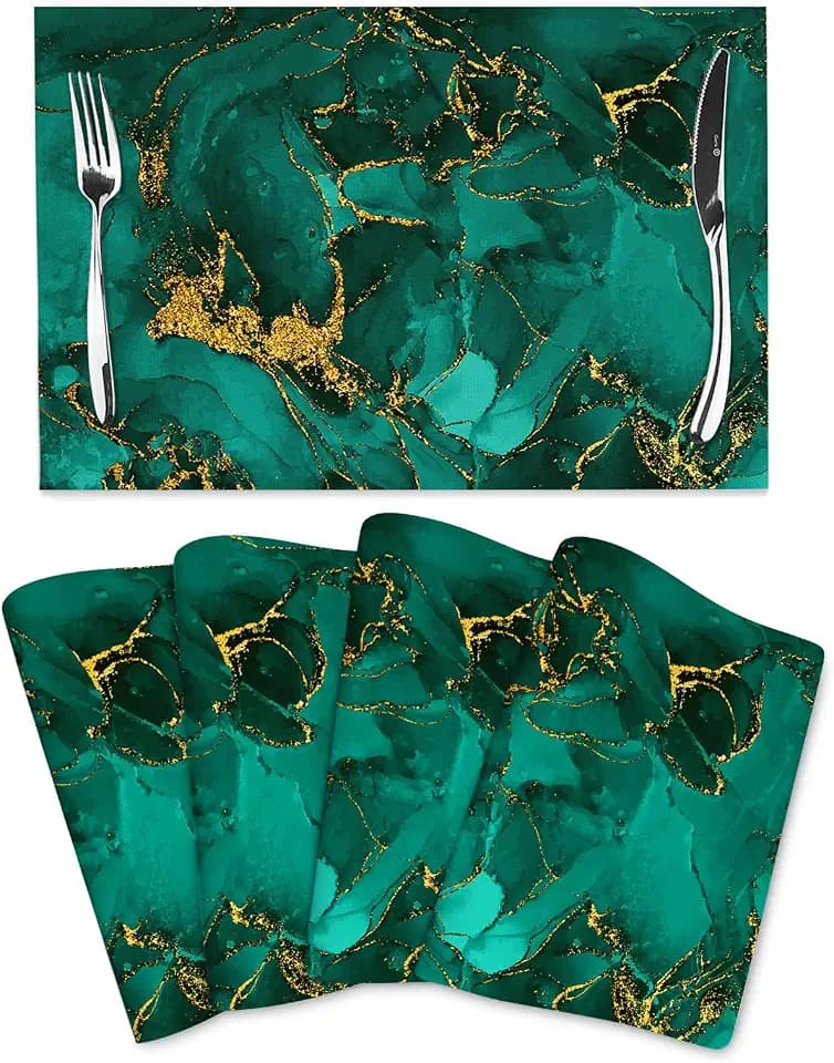 Turquoise Marble Placemats Set of 4, Emerald Dark Green Table Mats