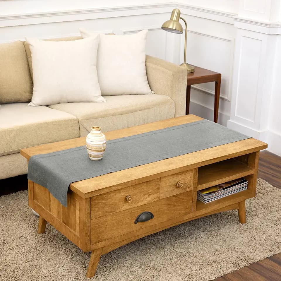 Solino Home 100% Pure Linen Table Runner Gray, Classic Hemstitch 14 x 48 in