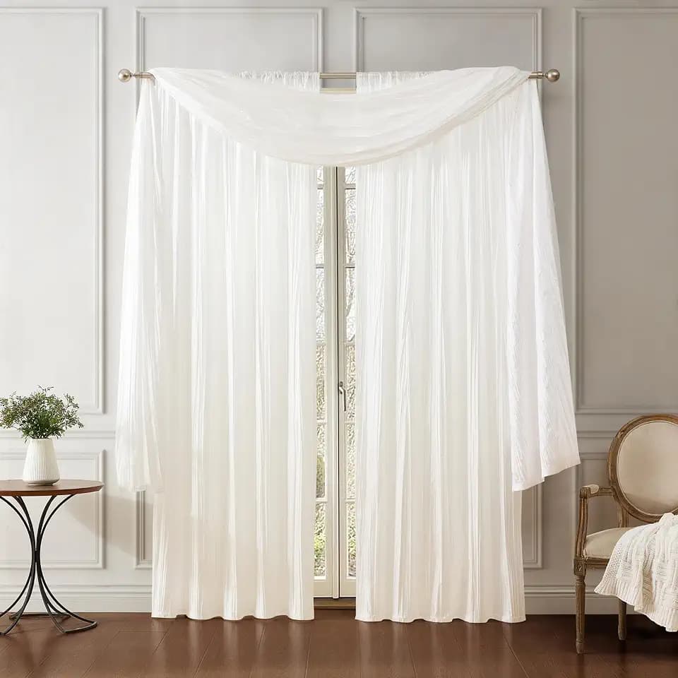 Athena Faux Silk Window Curtain and Scarf Set, White - 52" W x 84" L