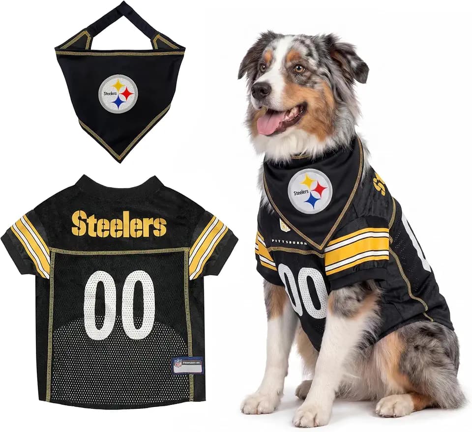 Pets First NFL Pittsburgh Steelers Dog Jersey with Coordinated Tie Bandana Included, Size 3XL Official NFL Pet Apparel, Breathable Mesh, Durable, Team Logo Design, Dog Sports T-Shirt
