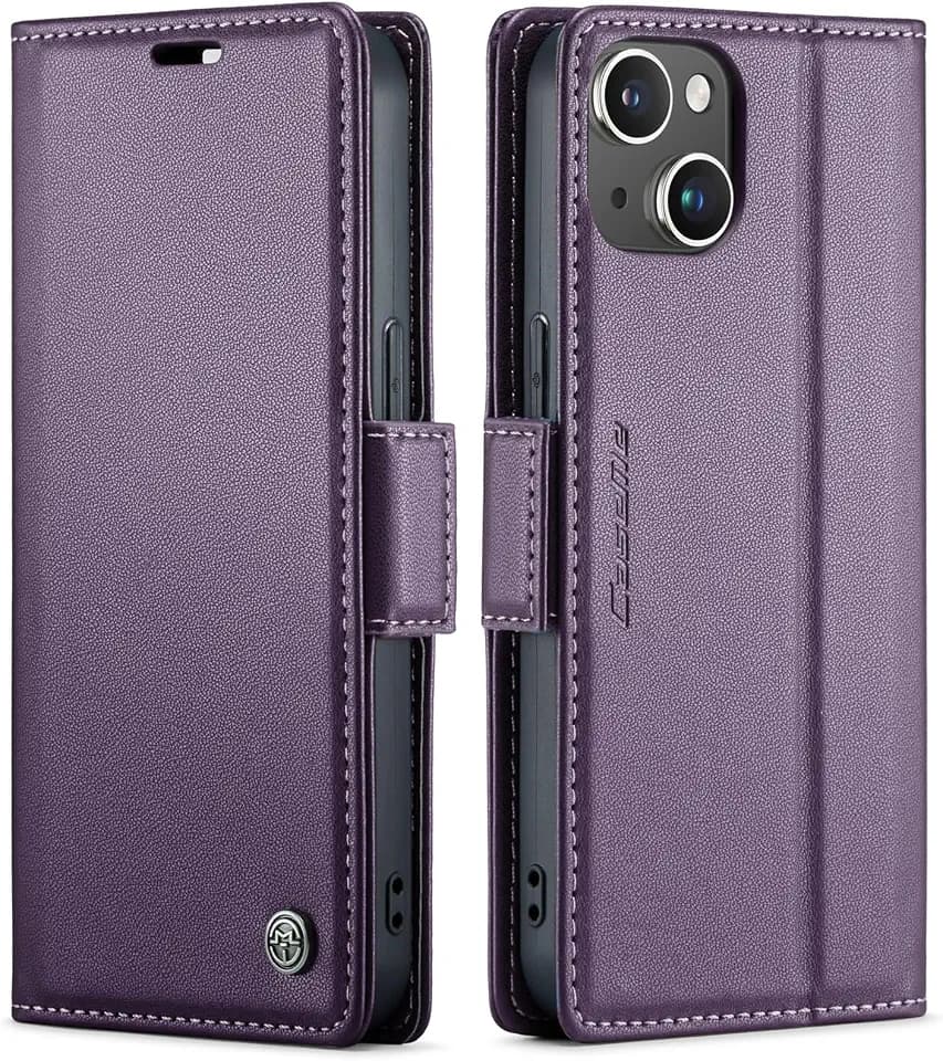 QLTYPRI Hülle für iPhone 13/iPhone 14 mit RFID Schutz, Vintage Leder Handyhülle mit Kartenfach Ständer PU Ledertasche Stoßfeste Flip Wallet Case Kompatibel mit iPhone 14/13 - Lila