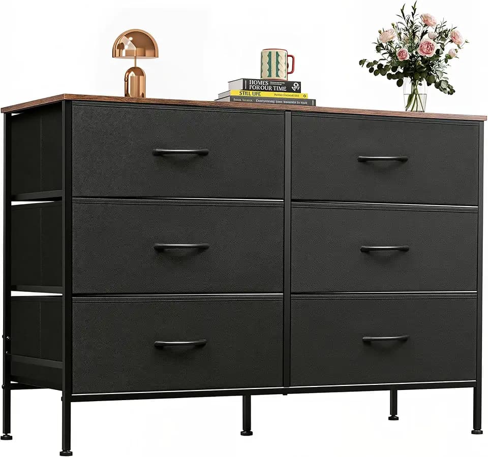 WLIVE Dresser for Bedroom with 6 Fabric Drawers, Black and Rustic Brown