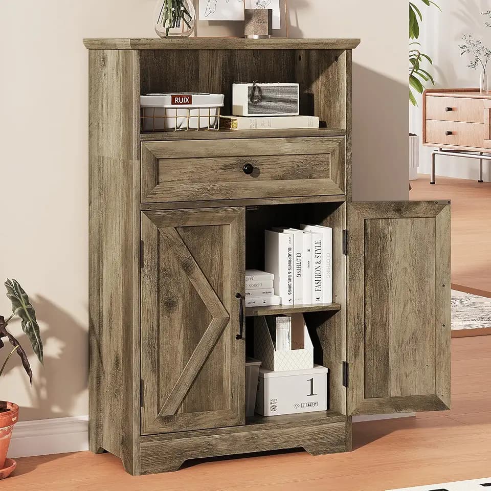 Floor Cabinet, Farmhouse Storage Cabinet with Barn Doors and Drawers Grey