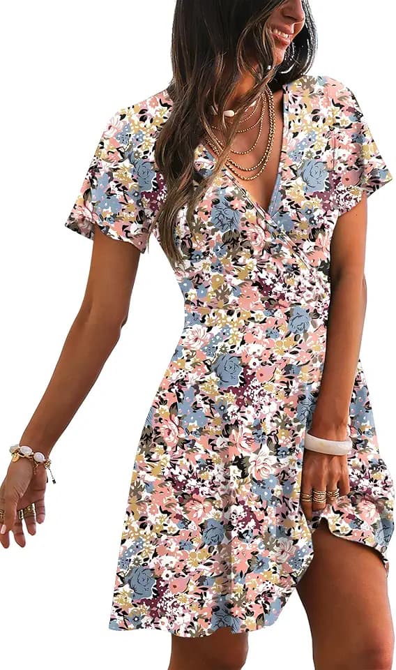 RUMIA Women Casual Dresses Wrap V Neck Dress A-Line Summer Sundress Fashion