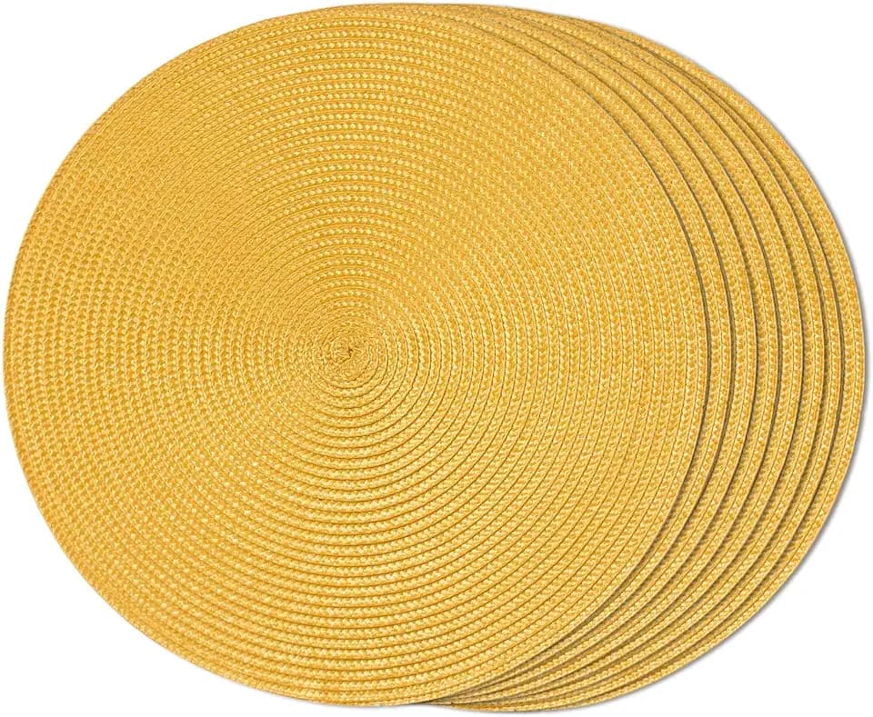 FunWheat Round Braided Placemats Set of 8 Place Mats for Dining Table Woven Washable Non-Slip Table Mats 15 Inch(Yellow,8pcs)