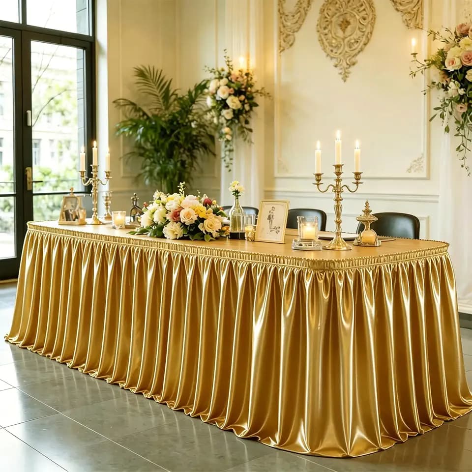 6ft Length Dark Gold Satin Table Skirt for Rectangle Tables-Wrinkle Resistant Ruffle Table Skirting Glitter Desk Cover Skirt for Birthday Party Wedding Banquet Display Gift Dining Table Decorations