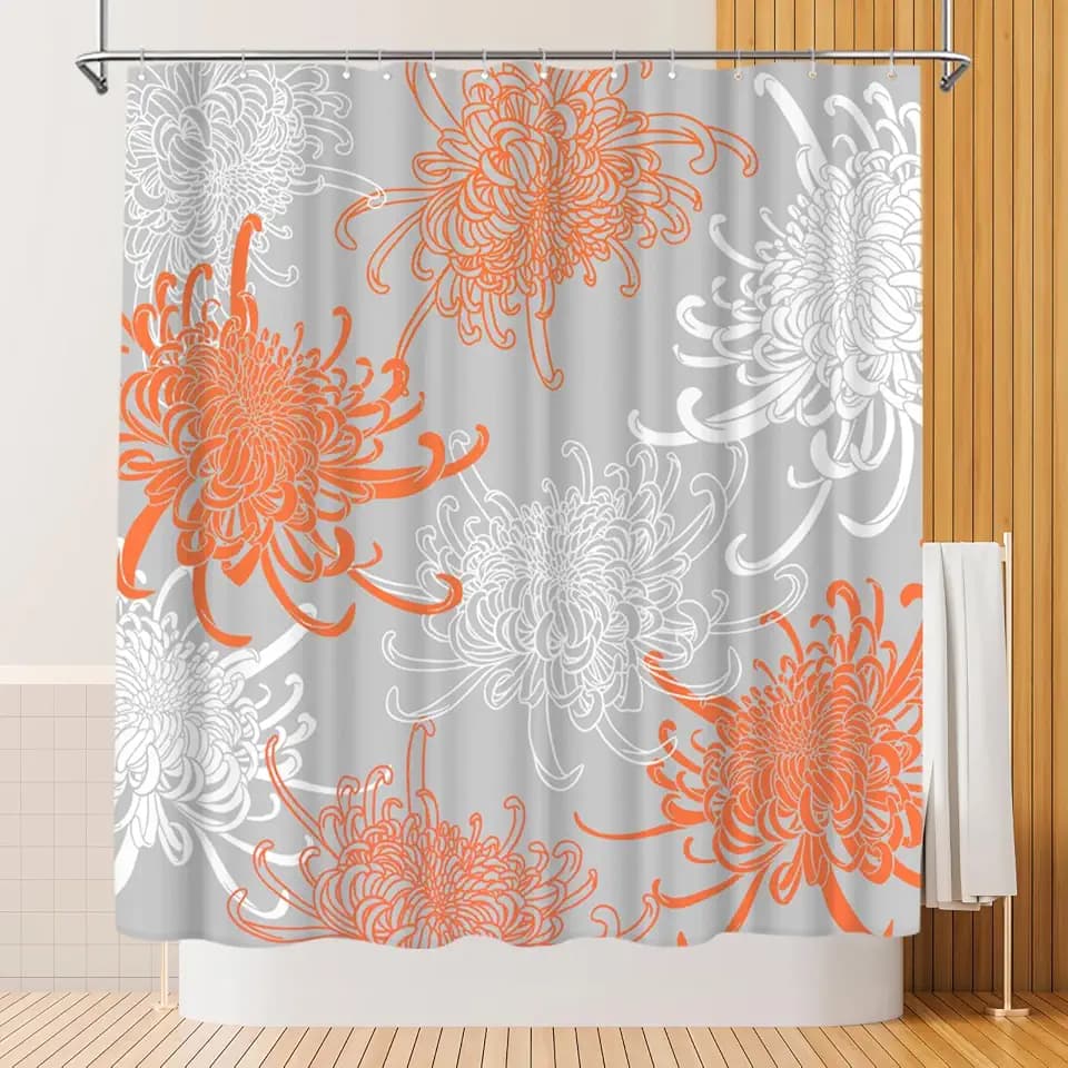 RnnJoile Orange Flower Shower Curtain Coral Chrysanthemum Floral with Gray Background Bath Curtain Peach Color Fabric Curtain for Bathroom Decor with Hooks 72"X72"