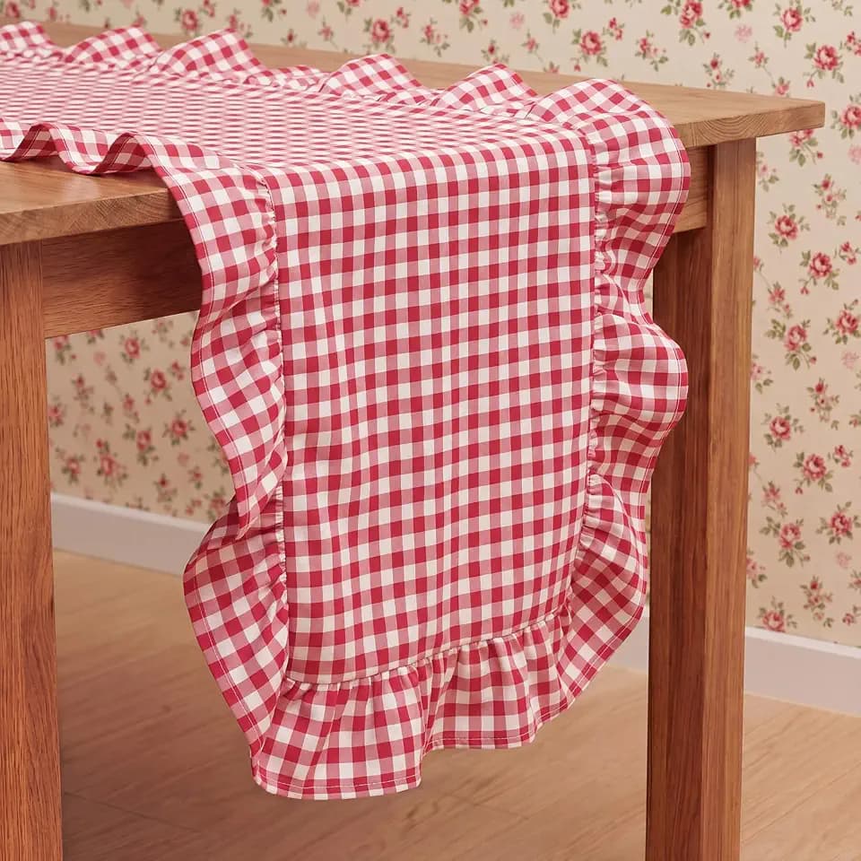 Tegeme Ruffle Table Runner Red Gingham Cotton 12'' x 71'' Including Edges
