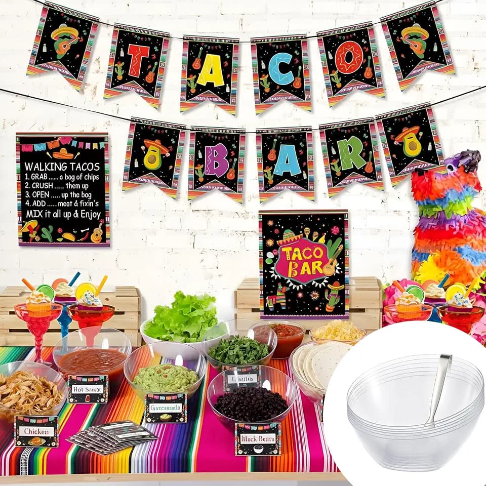FoldTier 36 Pcs Taco Tuesday Bar Kit Mexican Taco Party Decorations with 6 Pack 20 oz Angled Plastic Bowls Buffet Serving Tongs Pepper Banner Sign Tents for Cinco De Mayo Mexican Theme Party Supplies