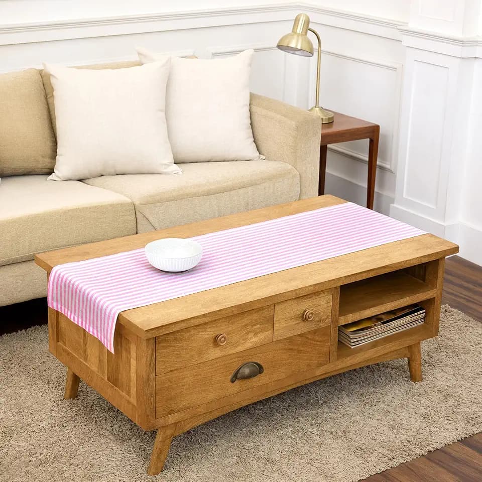 Solino Home 100% Pure Linen Table Runner, 14 x 48 in, Pink and White Stripe