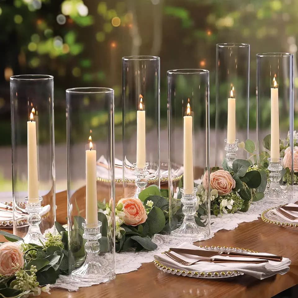 6 Set Hurricane Glass Candle Holders for Taper Candles, Vertical Striped Candlestick Holders with Windproof Glass Tubes 13.4" H for Wedding, Dinner Table Centerpieces, Festival and Party Decor
