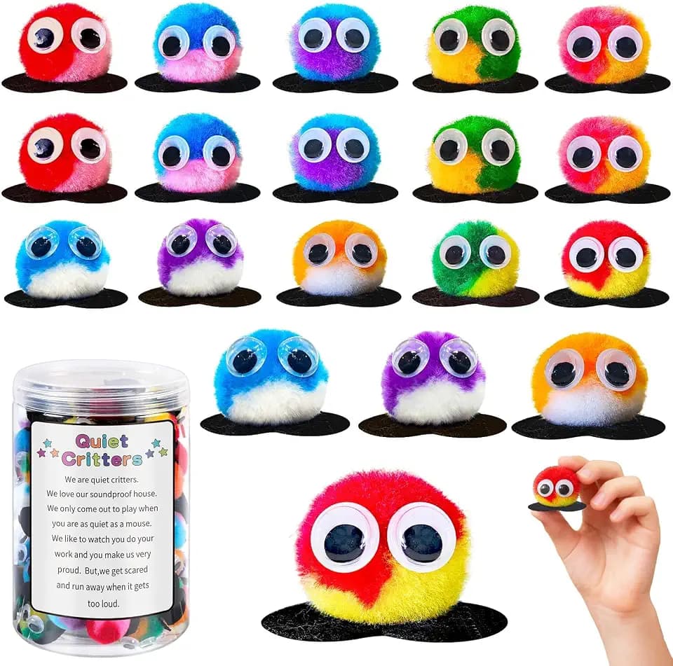 50 Pcs Quiet Critters for Classroom Management, Pom Poms Critters with Jar