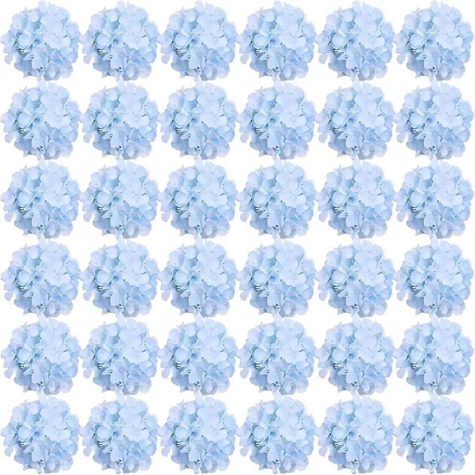 FagusHome Silk Hydrangea Heads 36 Pcs Artificial Flowers Heads and 3 Dozens Stems Fake Hydrangea Flowers with Stems for Home Wedding Decor (Light Blue)